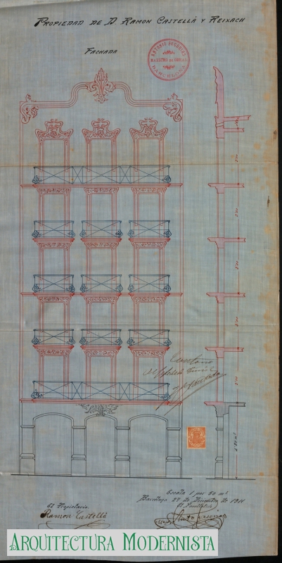 Casa Ramon Castellà - projecte del 1911 (Foto: Arxiu Municipal Contemporani Barcelona) Casa Ramon Castellà - projecte del 1911